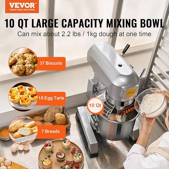VEVOR Commercial Food Mixer 10Qt, Commercial Mixer with 3 Adjustable Speeds, 550W Dough Mixer,Commercial Stand Mixer with Stainless Steel Bowl