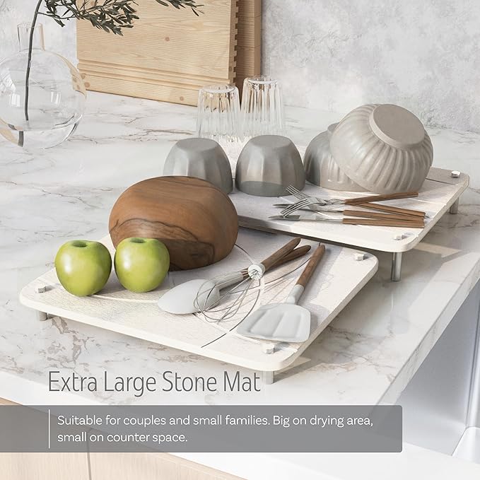 Nested Dish Drying Stone Mat with Bamboo Rack | 2 Pcs Diatomaceous Earth Stone Drying Mats for Kitchen Counter with Non-Slip Feet | Collapsible Large Drying Stone for Dishes (White)