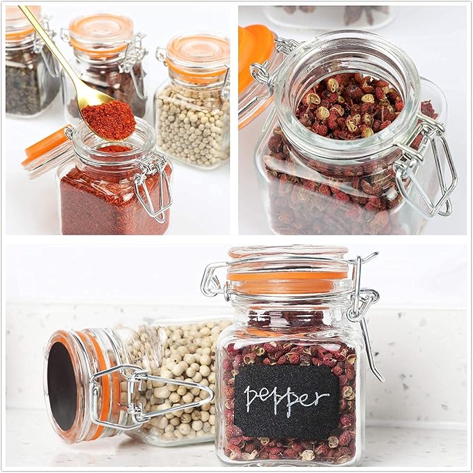 3.4 oz Small Glass Spice Jars with Lables, 24 Pack Empty Mini Square Spice Bottles with Airtight Flip Top Lids, Chalkboard Labels and Collapsible Funnel for Home and Kitchen