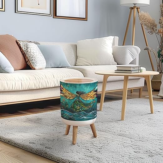 Trash Can with Lid Hypnotic Fairy Dance Hue Glass Press Top Round Small Garbage Bin with Wooden Legs Waste Basket for Kitchen Bedroom Nursery 7L/1.8 Gallon