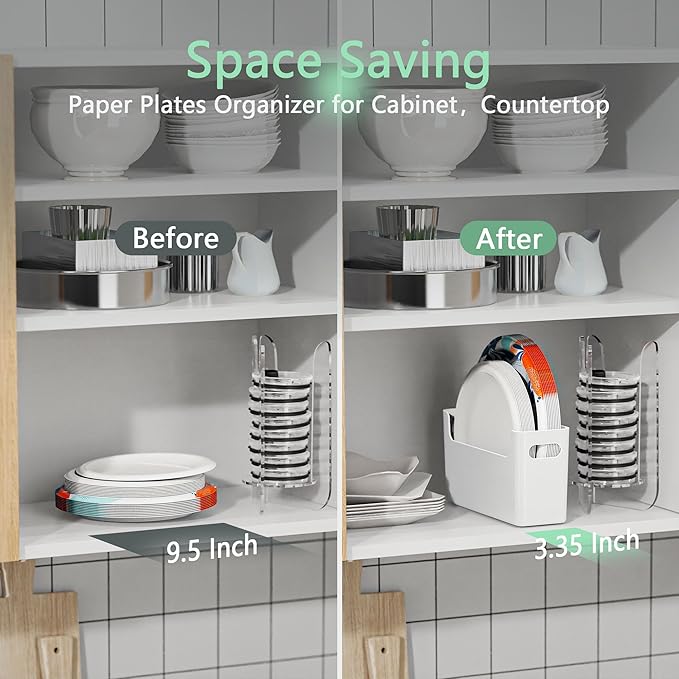 2Pcs Paper Plate Dispenser for 6-9.5 Inch Disposable Plates, Space-Saving Plastic, Foam and Paper Plate Storage Organizer for Cabinet, Countertop, RV or Outdoor (White)