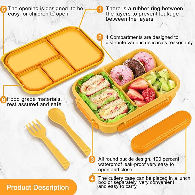 Amathley Lunch Box Kids,Bento Box Adult,Leakproof Lunch Containers for Adults/Kids/Toddler,1200ML-4 Compartments bento Lunch box with Utensil,Microwave & Dishwasher & Freezer Safe (Yellow)