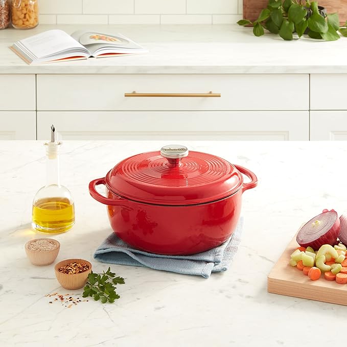 Lodge 4.5 Quart Enameled Cast Iron Dutch Oven with Lid – Dual Handles – Oven Safe up to 500° F or on Stovetop - Use to Marinate, Cook, Bake, Refrigerate and Serve – Solid Red