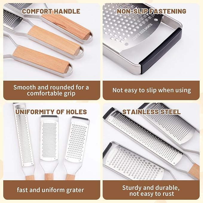 SHIKORI Professional Cheese Graters for Kitchen Stainless Steel Handheld, Metal Lemon Zester Grater With Wood Handle For Cheese, Chocolate, Spices, Kitchen Gadgets And Tools-3 Pcs