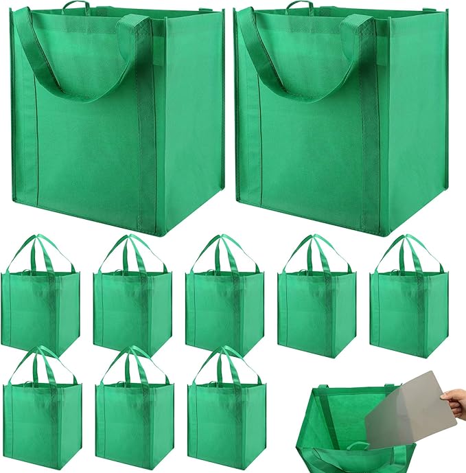 NERUB Set of 10 Reusable Grocery Bags Heavy Duty Shopping Bags Large Grocery Totes with Reinforced Bottom Super Sturdy Handles, Green