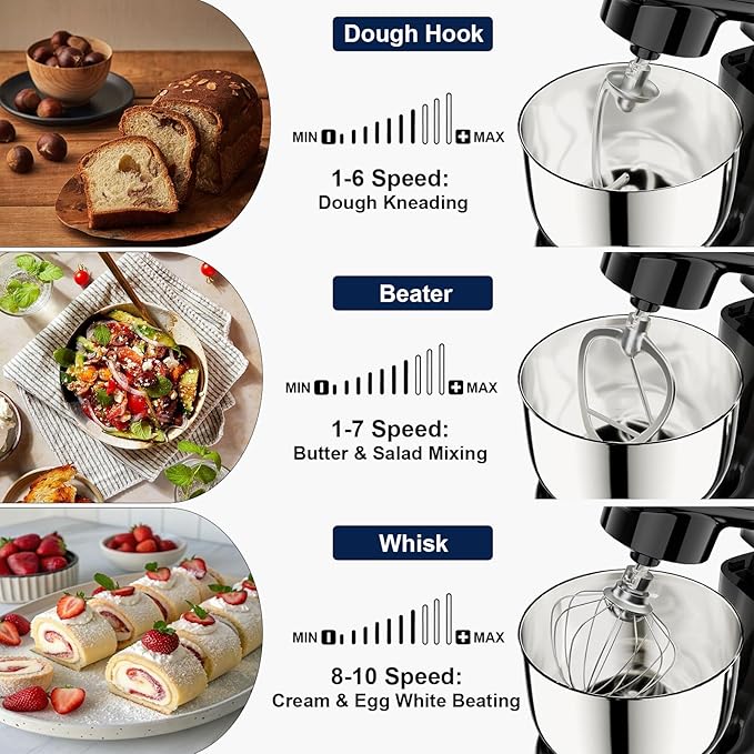 Camic Stand Mixer, 4.2QT+5.3QT Two bowls Electric Food Mixer, 10 Speeds with Digital setting 3-IN-1 Kitchen Mixer for Baking Cakes Cookie Bread Salad with Egg Whisk,Dough Hook,Flat Beater (Black)