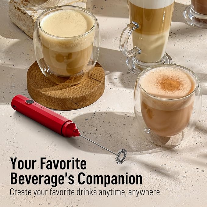 Zulay Froth N Go Milk Frother – Rechargeable 3-in-1 Handheld Frother Wand with Travel Case & USB-C Charger – Single, Double & Egg Whisk for Latte, Cappuccino, Matcha, Protein Shakes – Red