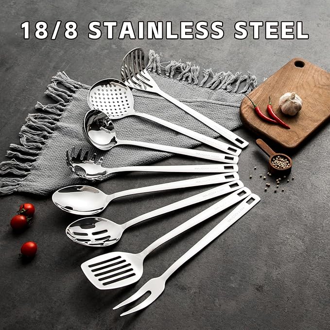 18/8 Stainless Steel Cooking Utensil set, 8 Pieces Metal Kitchen Utensils set, Slotted Spoon,Meat Fork,Ladle,Skimmer,Spatula,Spaghetti Server,Large Spoon,Masher (Dishwasher Safe, Silver)