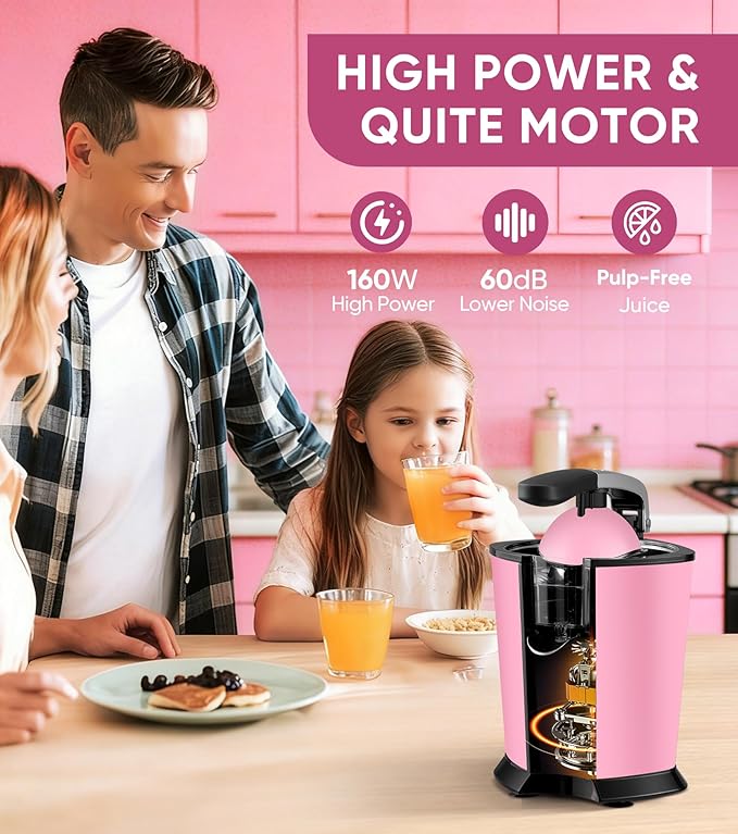 Electric Orange Juicer, Citrus Juicer Squeezer with 2 Cones and Soft Grip Handle for Effortless Juicing, Stainless Steel Quiet Orange Juice Extractor Machines for Lime Grapefruit Lemon, Pink