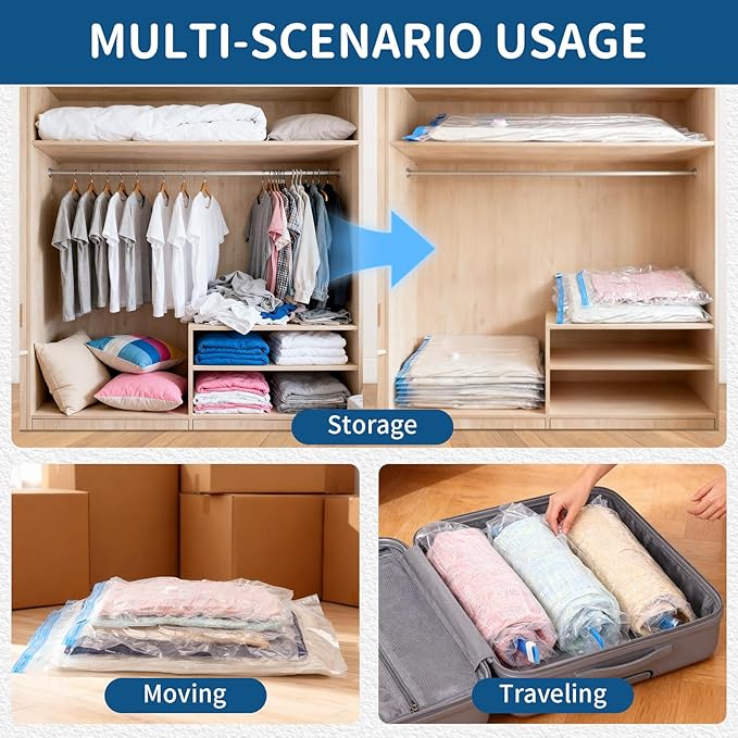 Vacuum Storage Bags for Clothing Travel,7 Pack Vacuum Bags with Pump,Space Saver Bag for Clothes Travel & Home (2 Roll Up Bags,1 Small,1 Medium,1 Large,1 Jumbo,1 Super Jumbo)