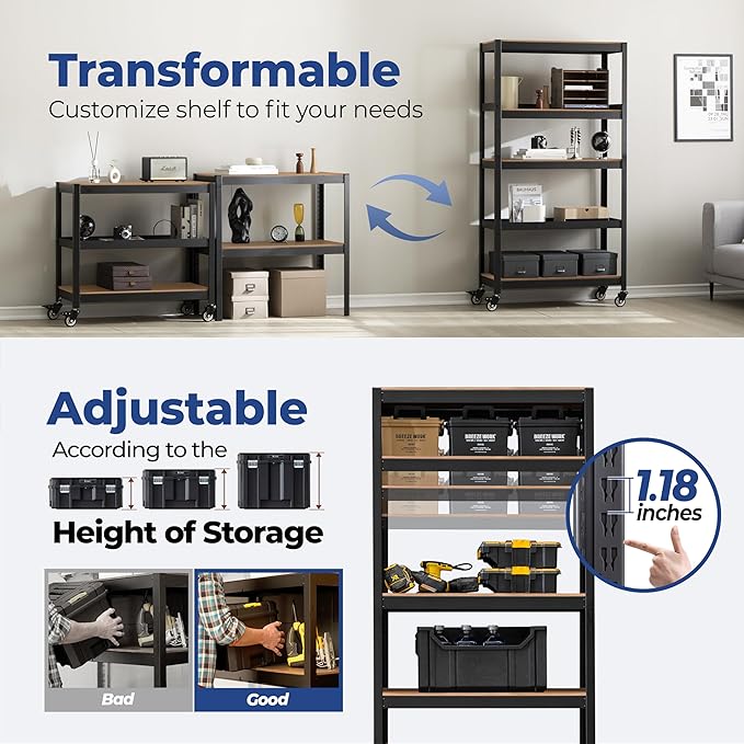 HOMEDANT House 5-Tier Metal Rolling Cart Shelf Rack Casters Heavy Duty Laminated Wheel Shelving Unit Adjustable Utility Storage Shelves Organizer Shelf Kitchen Garage 36.2" W x 16.5" D x 69.5" H 1Pack
