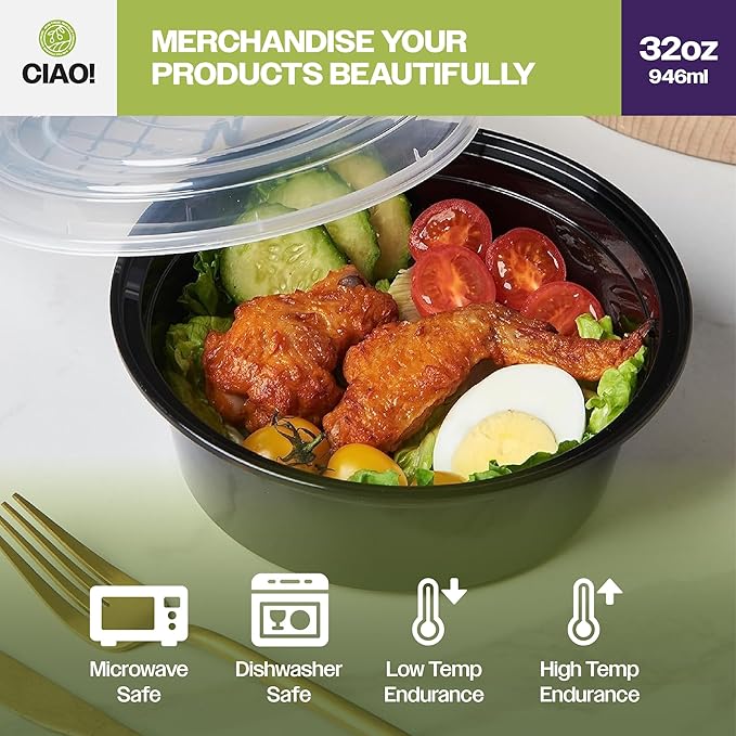 CIAO! Heavy Weight 32oz Injection Molded Microwavable Black Round Food Container with Lid (150/case)