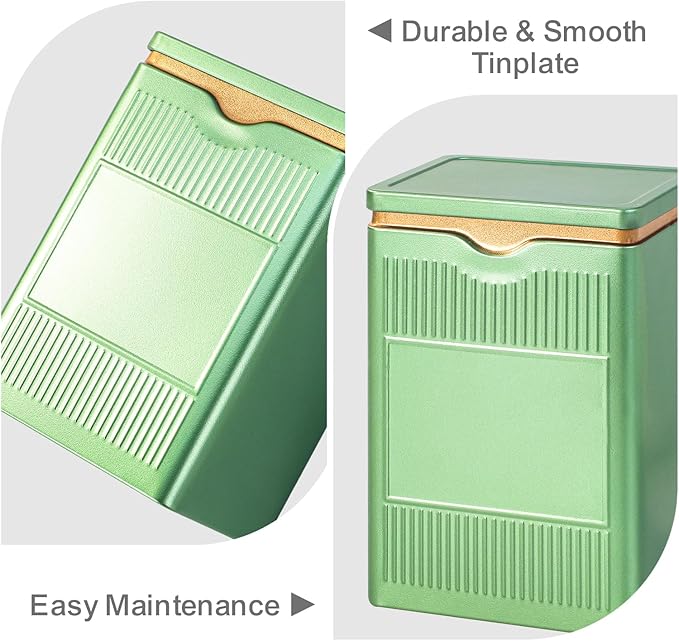 Tea Tin, Premium Tight Sealing Metal Canister with Press On Lid, Storage Tin for Loose Leaf, Tea Bags, Coffee Beans & Spices, Ideal for Kitchen Countertop & Pantry, Green Square Tinplate Can