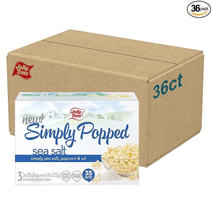 Jolly Time Simply Popped, Vegan, Dairy Free Microwave Popcorn, 3oz Sharing Bag, 3 Bags Per Carton (Simply Popped Sea Salt, 3 Ounce (Pack of 36))