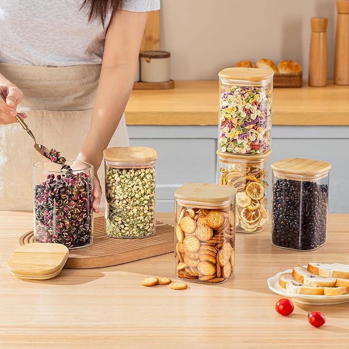 SENTVEND 37 Oz Glass Storage Jars with Bamboo Lids - 6 Pack Clear Glass Canisters Square Airtight Stackable Ideal for Pantry Storage Containers Organizers Great for Storing Oats Coffee Beans Nuts etc
