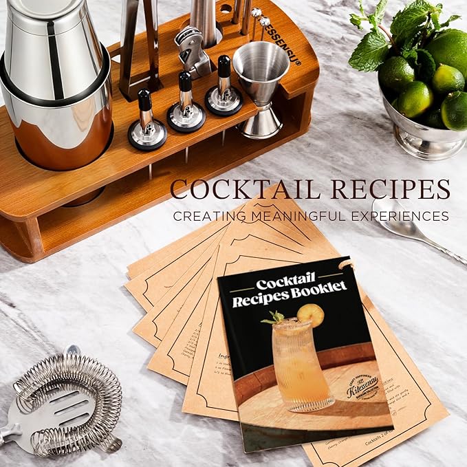 KITESSENSU Boston Shaker Set Bartender Kit with Stand | Bar Set Drink Mixer Set with All Essential Accessory Tools: Boston Shaker, Jigger, Strainer, Mixer Spoon, Muddler, Liquor Pourers |Silver