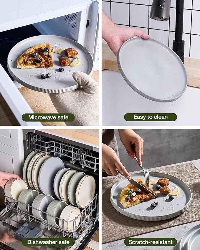 Famiware Star Dinnerware Set, Plates and Bowls Sets for 4 (12pcs), Ribbed Stoneware Dishes - Chip & Scratch Resistant, Microwave & Dishwasher Safe, Matte Gray