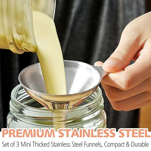 Anaeat Stainless Steel Mini Kitchen Funnel Set, 3 Pack Durable Metal Filling Funnels for Transferring Liquid, Dry ingredients, Cosmetic Lotion, Fluid, Spices, Powder - Food-Grade & High Heat Resistant