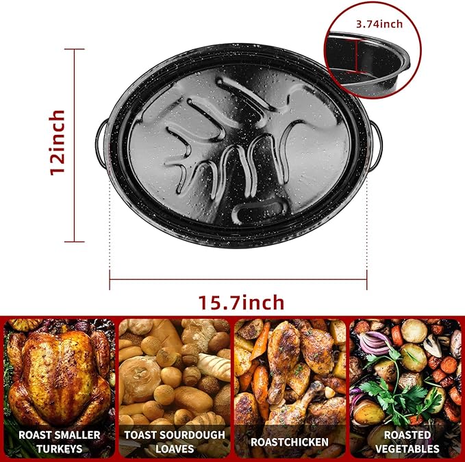 19Inch Roasting Pan, Enamel on Steel, Black Covered Oval Roaster Pan with Lid, Medium Cookware for Turkey, Small Chicken, Roast Baking Pan.