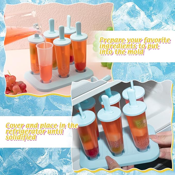Bokon 6 Sets 36 Pcs Ice Cream Mold, BPA Free Kids Food Grade Reusable Plastic Ice Cream Tray Holder with Sticks, Easy Release Ice Pop Maker with Funnel and Brush, 3 Colors for DIY Freezer Homemade