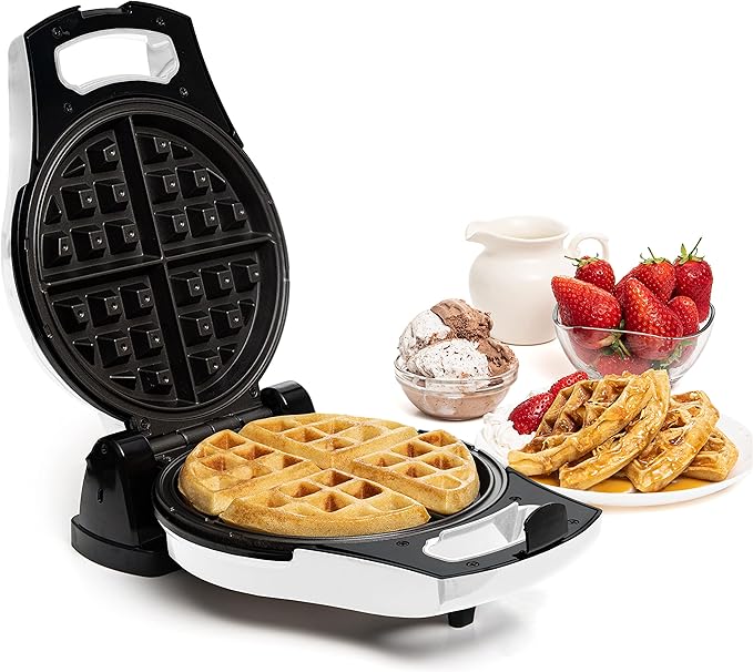 Moss & Stone Belgian Waffle Maker, Electric Flip Waffle Machine with Adjustable Temperature Control, Non-Stick Grids for Smooth Release, Compact 8-Inch Round Waffle Maker, White