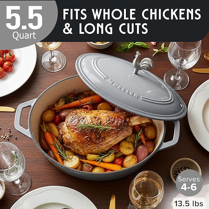MUELLER HOME 5.5 Quart Enameled Cast Iron Oval Dutch Oven with Rooster Knob & Cotton Potholders, Heavy-Duty Cookware, Oven-Safe up to 500° F & Across All Cooktops, Gifts for Grandma & Women, Gray