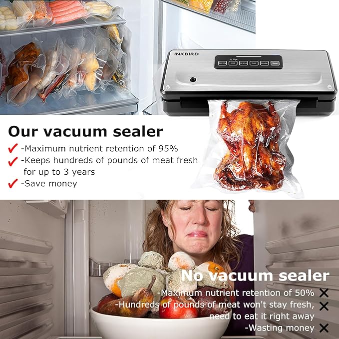 Food Vacuum Sealer Machine 10-In-1 with Bag Storage(Up to 20FT) and Cutter, INKBIRD Food Sealer Vacuum Sealer for Food with Moist/Dry/Canister 5 Food Modes, Starter Kits Bags*5 and Bag Roll*1, 85KPa