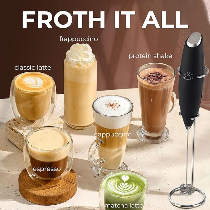 Zulay Kitchen Patented Tornado Triple Whisk Milk Frother with 4 Duracell Batteries – Handheld Foam Maker for Coffee, Lattes, Matcha & Hot Chocolate – Rich, Creamy Froth in Seconds - Alpha Black