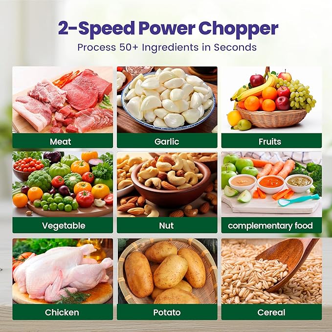 BUMET 2X12-cup bowls 800W Electric Food Processor with LED timer. 3-Tiered 6 Cutting Edges blade for mincing, chopping, Ideal as meat grinder, fresh vegetables chopper, pet food process in kitchen.