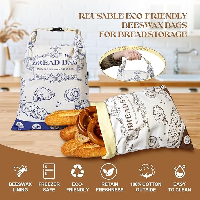 2 Pack Bread Bag for Homemade Bread,17“x12 Reusable Beewax Food Storage Bags with Beeswax Lining,Natural Cotton Storage Bag Sourdough Bread Bags,XL Beeswax Bread Bag for Fresh Bread Storage