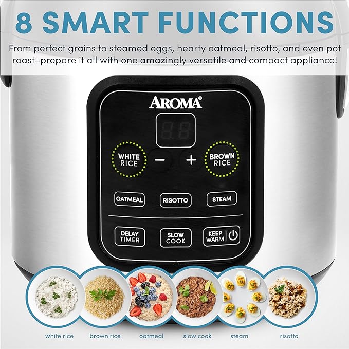 Aroma Housewares ARC-994SB Rice & Grain Cooker Slow Cook, Steam, Oatmeal, Risotto, 8-cup cooked/4-cup uncooked/2Qt, Stainless Steel