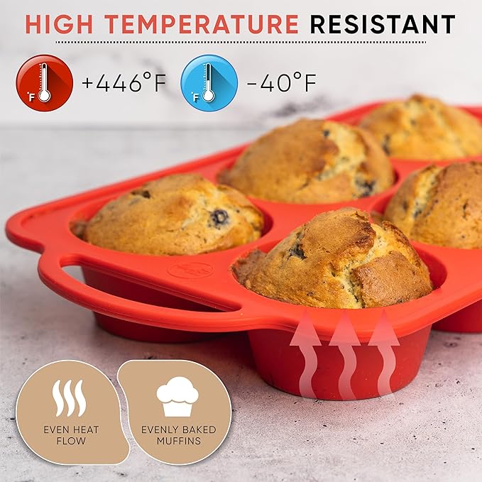 BAKE BOSS Silicone Jumbo Muffin Pan 6 Cup–Non-Stick Cupcake Pans for Baking, Heavy-Duty Large Silicone Muffin Pans for Baking, BPA-Free, Easy-Release, Oven & Dishwasher Safe
