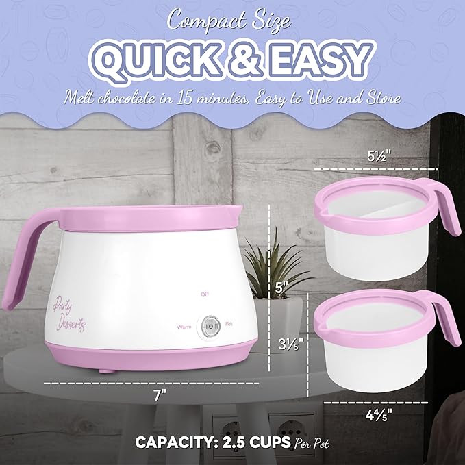 Party Desserts Candy and Chocolate Melting Pot with 2 Pots, Mini Electric Fondue Pot, Melts Candy Chocolate in a Couple of Minutes, Ideal for Cake Pops Cookies Cakes, 2.5 Cups, Pink