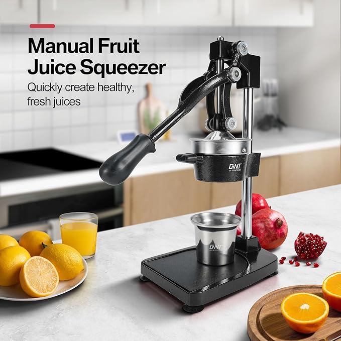 18 Inch Height Commercial Heavy Duty Cast Iron Hand Press Manual Orange Citrus Lemon Lime Grapefruit Pomegranate Fruit Juice Squeezer Machine with Stainless Steel Cup and Durable Base Black
