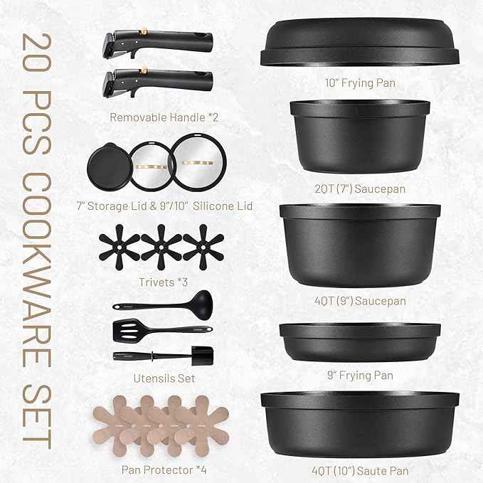 CAROTE 20pcs Pots and Pans Set Non Stick, Nonstick Cookware Set, Dishwasher/Oven/Fridge Safe Pots and Pans, Removable Handle RV Oven Safe Cookware, Induction Kitchen Set, Black