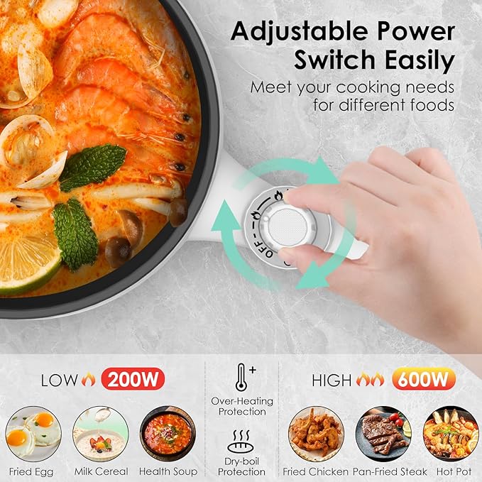 Audecook Hot Pot Electric, 1.7L Mini Electric Skillet Portable Nonstick Sauté Pan with Power Adjustment, Ramen Cooker Travel Multicooker for Steak/Soup/Egg/Oatmeal/Noodles