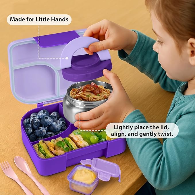 TinyPalsa Bento Box for Kids, 3 Compartment Kids Lunch Box with 10oz Leak Proof Thermos Food Jar, Easy-Open Latch, Dishwasher Safe, Ideal for School, Daycare, Travel with Portable Handle (Purple)