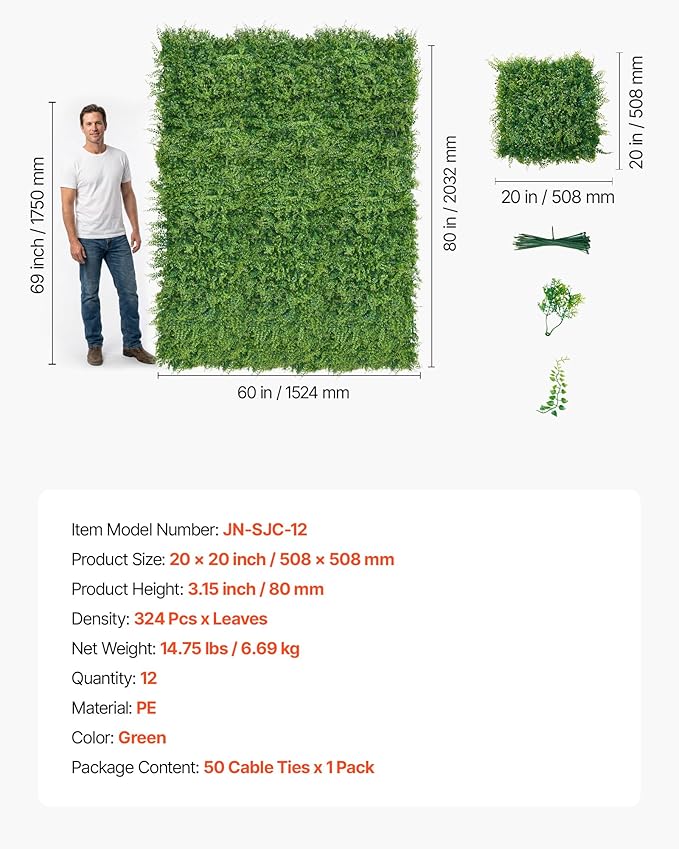 VEVOR Artificial Plant Wall, 12PCS 20 x 20 in Artificial Boxwood Panels, Sun Protection Greenery Backdrop Privacy Hedge Fence, Fake Grass Screen for Wedding, Indoor, Outdoor Garden, Backyard,Ferns
