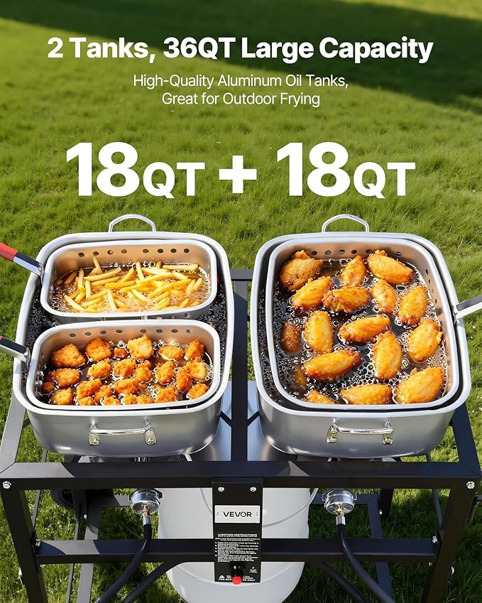 VEVOR Outdoor Propane Deep Fryer, Dual-Tank 18QTx2 Commercial Fryer, Multi-Purpose Portable Frying Cart with Wheel, 3 Basket, 2 Thermometer, Stainless Steel Cooker for Fish Fry Wings Fries, 40,000 BTU