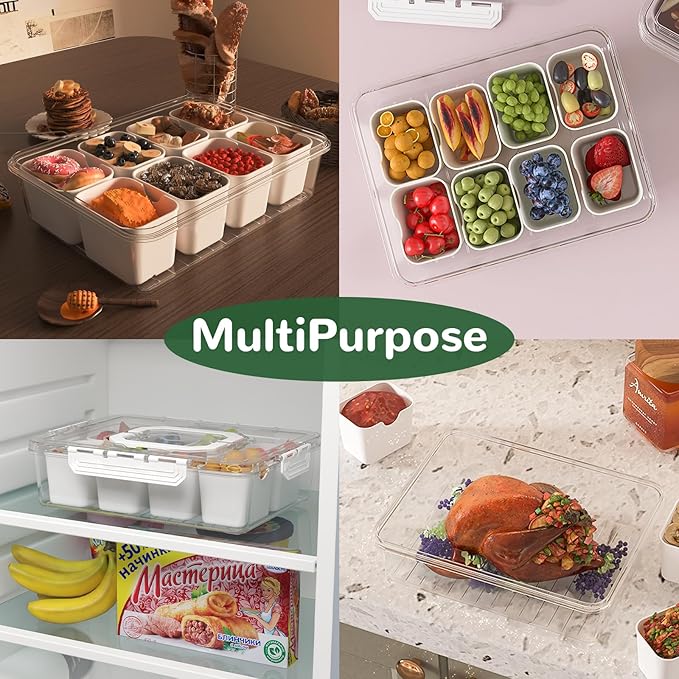 REBECAT Divided Serving Tray with Lid and Handles 8 Compartments Snack Box Container Charcuterie Organizer Snackle Box Container for Candy,Nuts，Fruits,Snacks,2 Pack,White