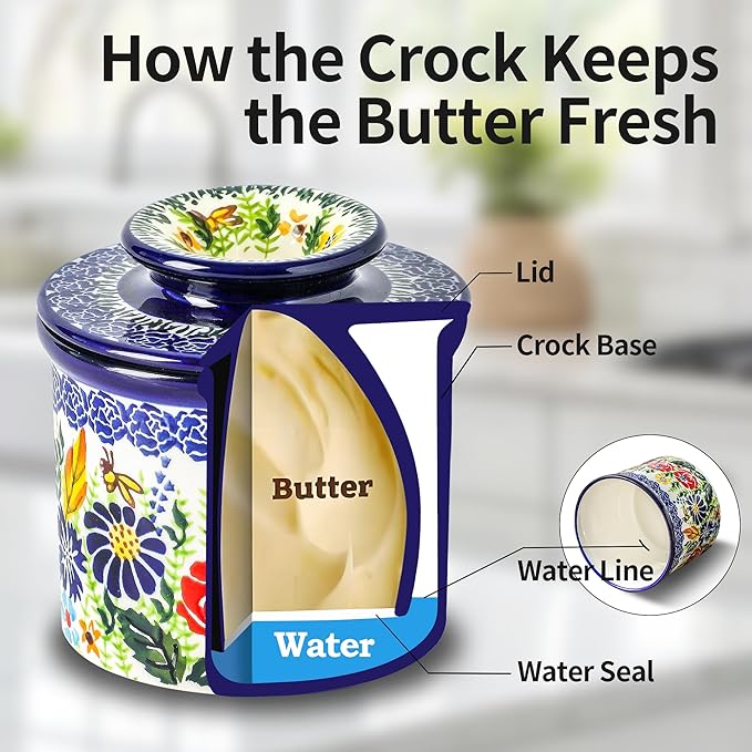 French Butter Crock with Lid for Countertop,Handpainted Floral Butter Keeper with Water Seal Line, Farmhouse Ceramic Butter Container Airtight for Soft Spreadable Butter,Housewarming Gifts