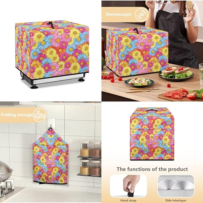 Colorful Daisy Flower Print Meat Slicer Cover for Kitchen Dust-proof Appliance Covers for Home Decor Easy to Clean Bread Slicer Covers with Organizer Bag Accessories 16 x 13 x 13 Inch
