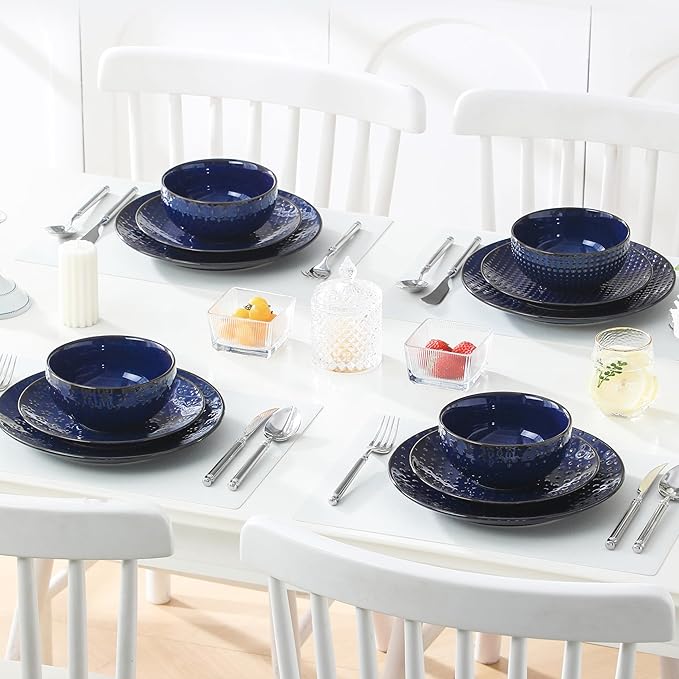 MALACASA 12 Pieces Dinnerware Sets, Modern Plates and Bowls Sets, Blue Dish Set for 4, Kitchen Ceramic Dinner Plates Dishware Set, Microwave and Dishwasher Safe, Series LYDIA
