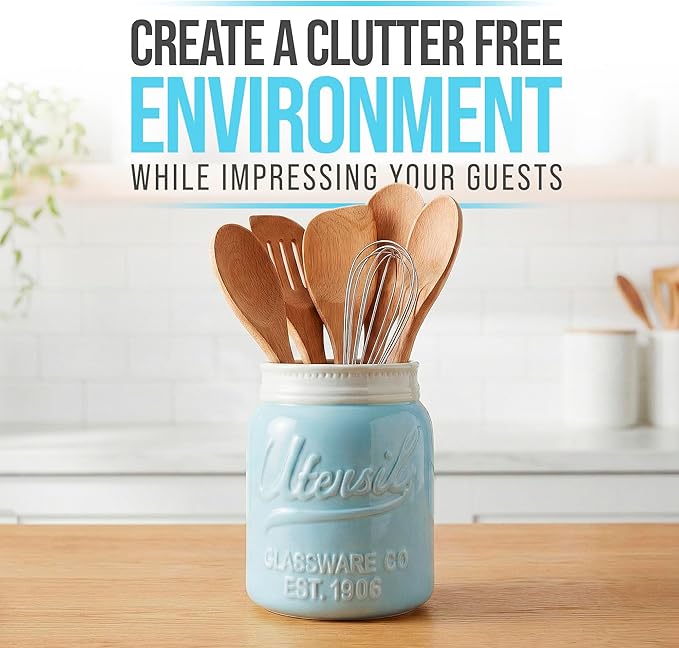 Comfify Wide Mouth Mason Jar Utensil Holder Decorative Kitchenware Organizer Crock, Dishwasher Safe - Kitchen Caddy Aqua Blue for Countertop, Large Size 7" Hight