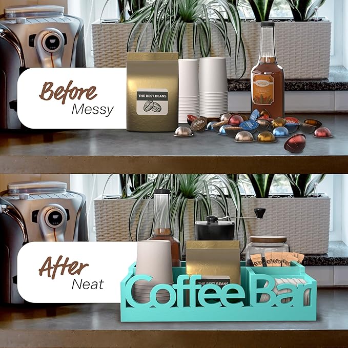 Coffee Bar Organizer for Countertop - Wood Coffee Pods Holder Storage Basket, Essential Coffee Bar Accessories for Home and Office, Condiment Station, Mini Coffee Bar