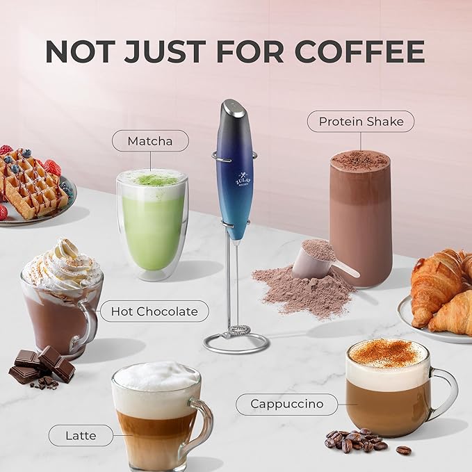 Zulay Kitchen Powerful Milk Frother Wand With 4 AA Duracell Batteries - Ultra Fast Handheld Drink Mixer - Electric Whisk Foam Maker for Coffee, Lattes, Cappuccino, Matcha & Creamer - Deep Sea