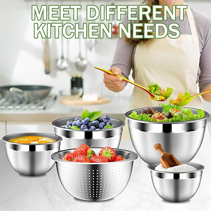 DUTZUN Mixing Bowls with Lids Set, Stainless Steel Mixing Bowl Set with Colander, Strainer with Bowls - Pistachio