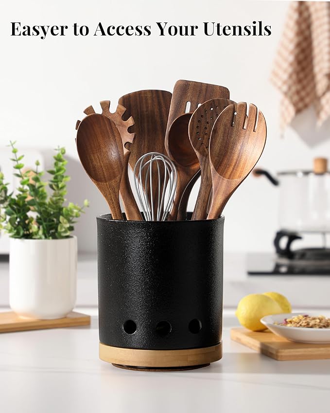 LoeJan 360° Rotating Ceramic Utensil Holder for Kitchen Countertop – Cooking Utensil Crock Organizer with Non-Slip Cork Base for Farmhouse Kitchen Decor, Textured Black