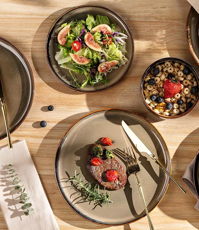 TheTerra Ceramic Dinnerware Sets for 6, 18 Pieces Handmade Reactive Glaze Plates and Bowls Set, Scratch Resistant Dish Set, Oven & Microwave & Dishwasher Safe, Coca Mocha