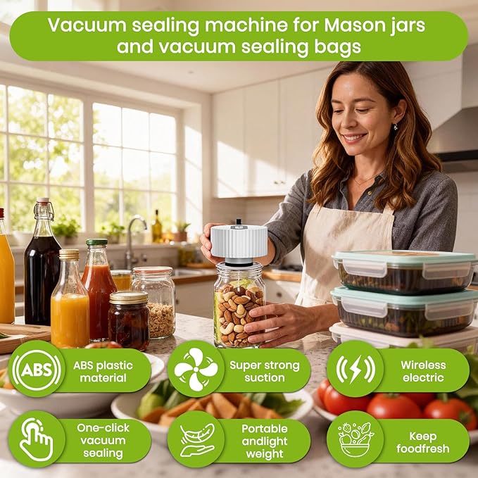 Electric Mason Jar Vacuum Sealer Kit, One-Touch Electric Sealing， for Wide-Mouth Regular-Mouth Mason Jars, Portable Vacuum Sealer for Jars, Gifts for Mom, Grandma(2026 Upgraded)